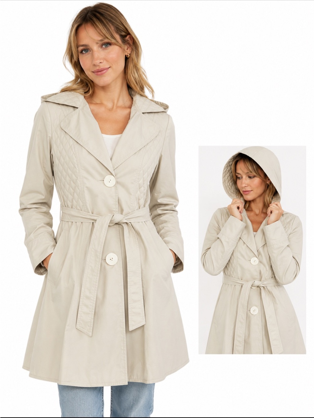 Smythe Cream Quilted Hooded Trench Coat Belted Jacket Size 6 Canada